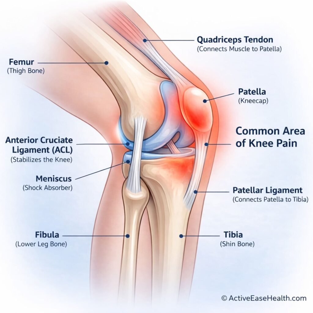 Early symptoms of joint pain in knee with highlighted discomfort areas