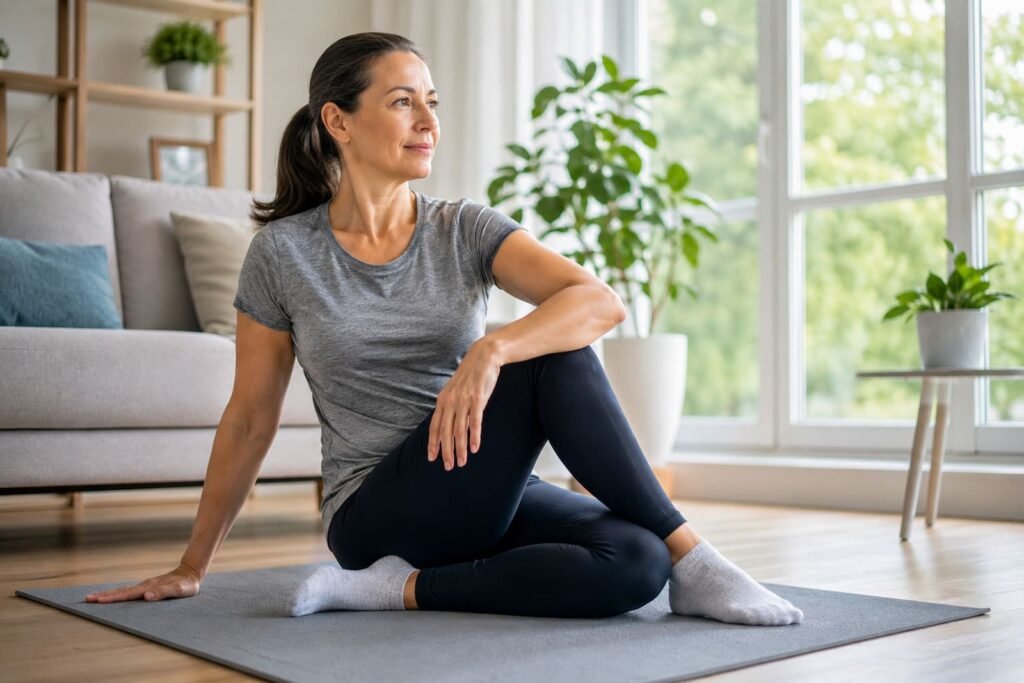Person stretching at home to improve joint mobility naturally