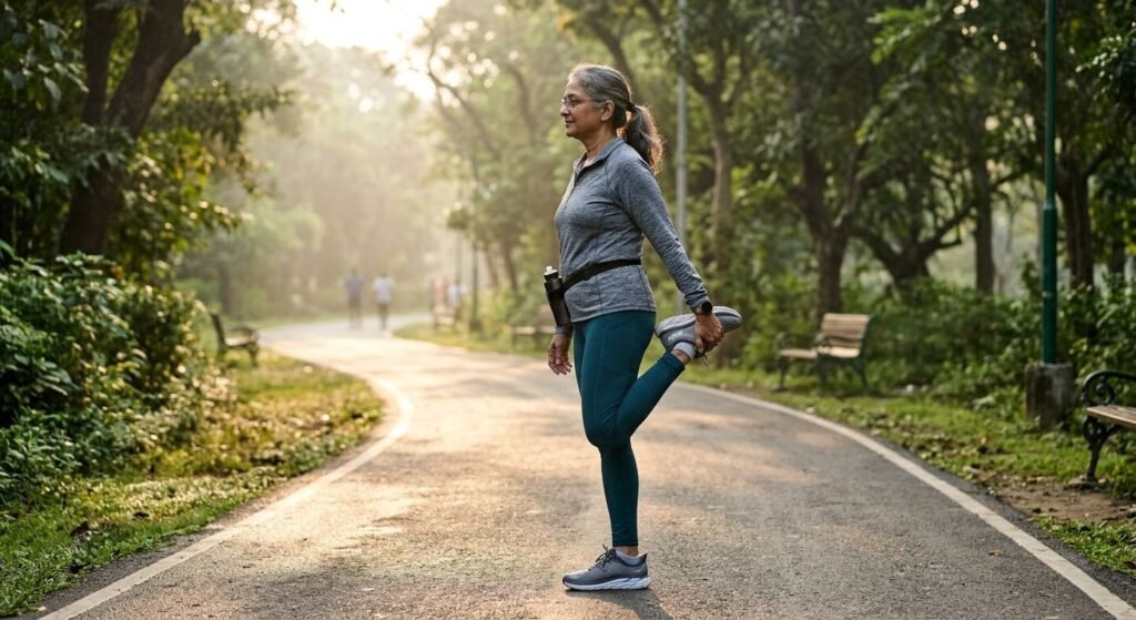 Why do joints stiffen with age older adult stretching outdoors