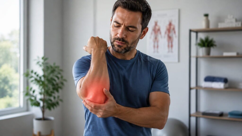 Adult with elbow pain when bending arm in a clean physiotherapy room