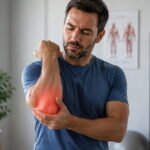 Adult with elbow pain when bending arm in a clean physiotherapy room