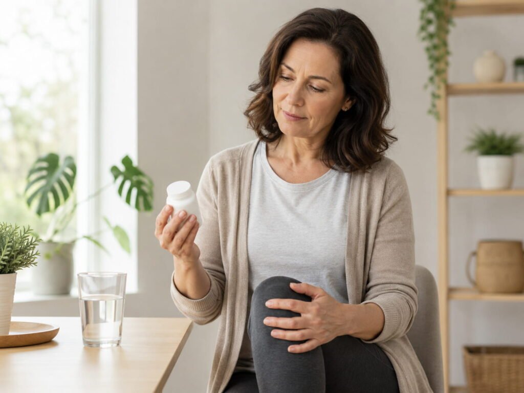 Adult considering glucosamine and chondroitin for joint health beside a glass of water