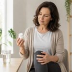 Adult considering glucosamine and chondroitin for joint health beside a glass of water