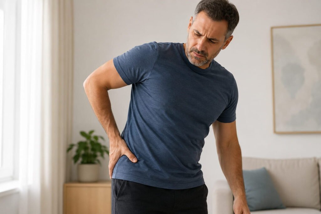 Adult experiencing mild hip joint pain while standing and holding the side of the hip.