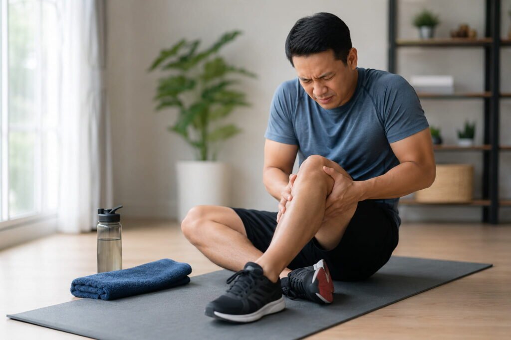 Adult experiencing mild joint pain after exercise while sitting on a workout mat at home