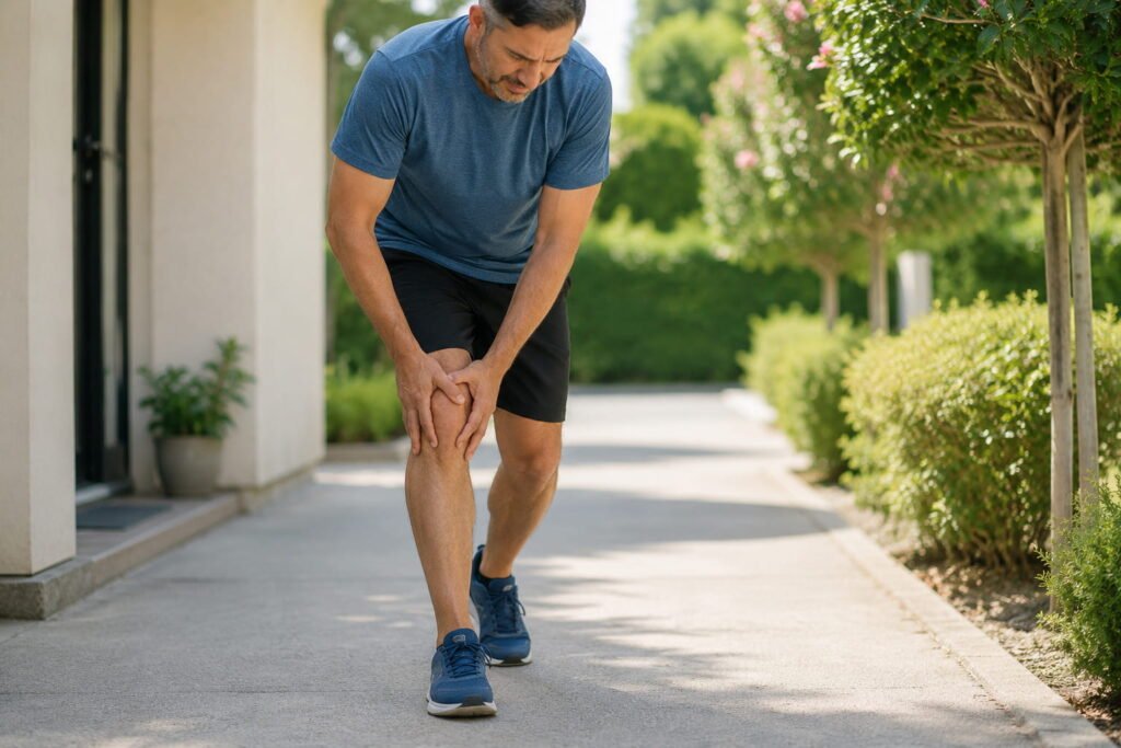 Adult experiencing knee joint pain when walking on a sidewalk