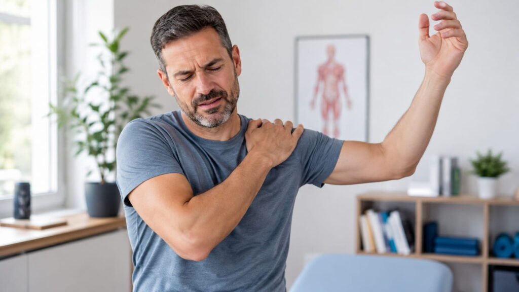 Adult with shoulder pain when lifting arm in a clean physiotherapy room