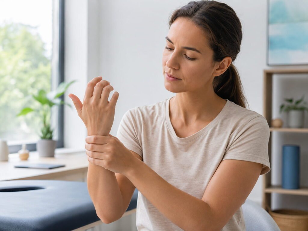 Adult with wrist stiffness gently stretching hand in a clean physiotherapy room
