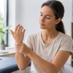 Adult with wrist stiffness gently stretching hand in a clean physiotherapy room
