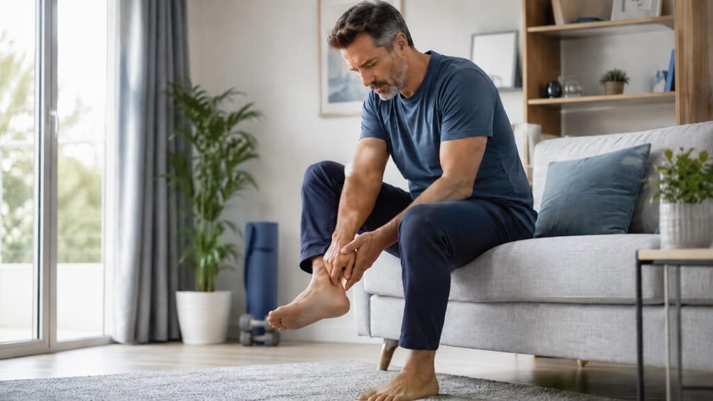Adult experiencing ankle pain without injury while seated at home