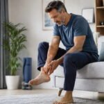 Adult experiencing ankle pain without injury while seated at home