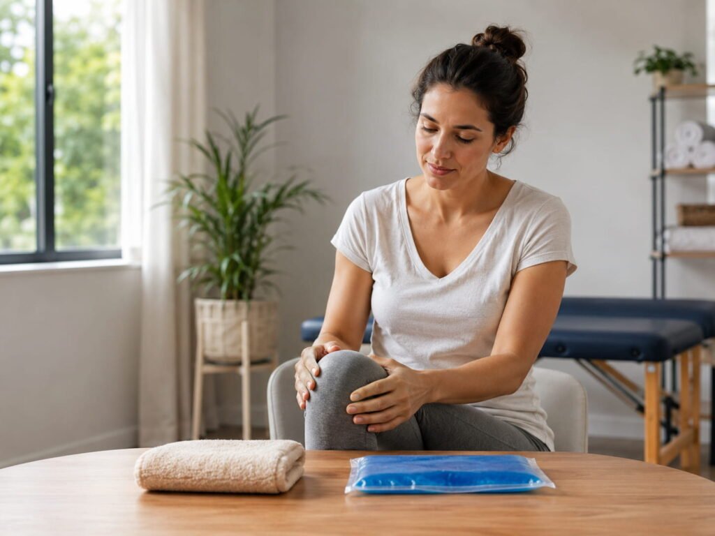 Adult deciding between heat or ice for joint pain in a clean home wellness setting