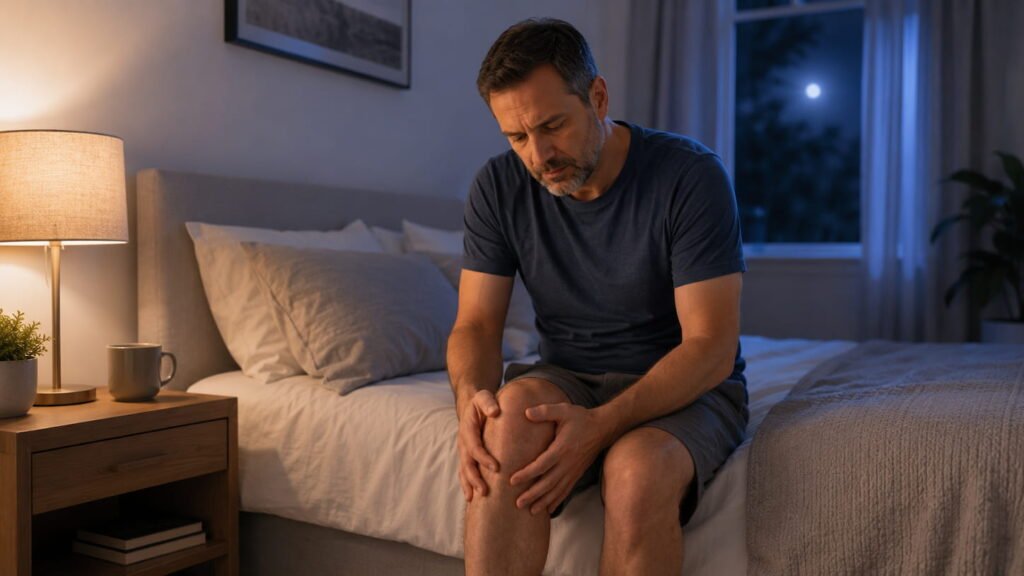 Adult experiencing joint pain at night while seated on the edge of a bed