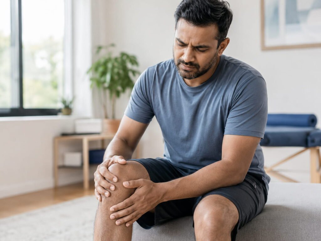 Adult with joint pain without swelling gently holding knee in a clean wellness room