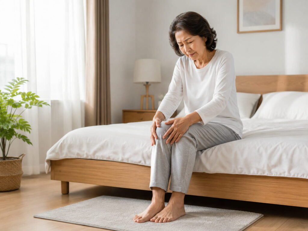 Adult with morning joint stiffness gently stretching knees after waking up
