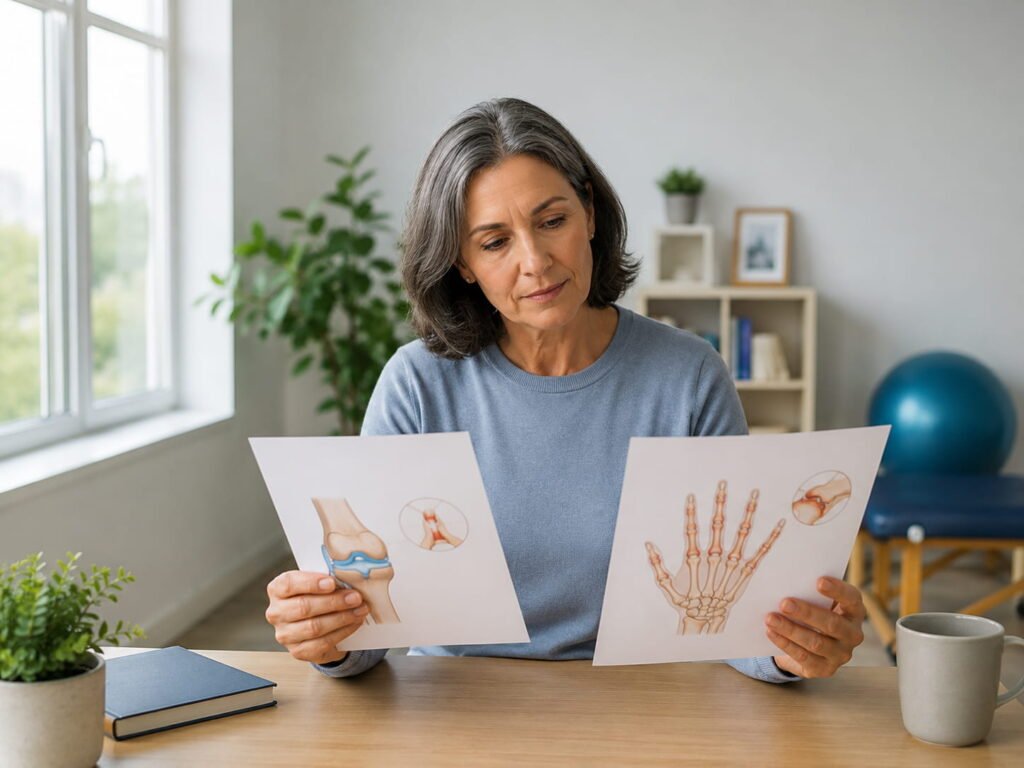 Adult learning about osteoarthritis vs rheumatoid arthritis in a clean wellness room