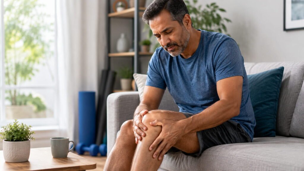 Middle-aged adult holding a swollen joints at the knee while seated at home
