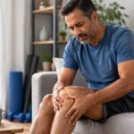 Middle-aged adult holding a swollen joints at the knee while seated at home