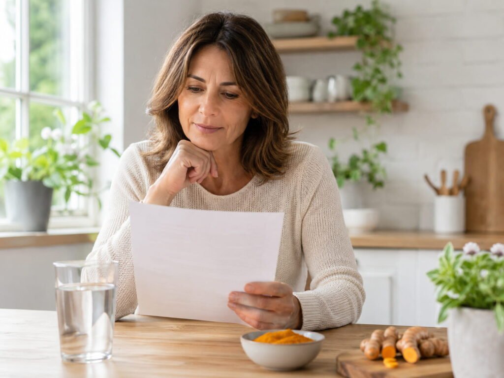 Adult learning about turmeric for joint pain beside a small bowl of turmeric in a clean wellness setting
