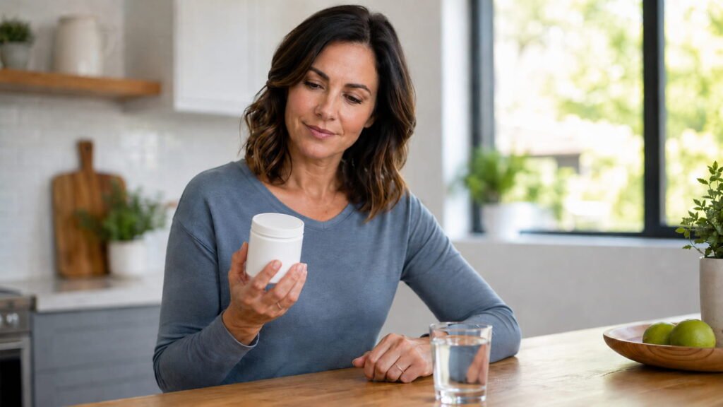 Collagen for joint pain supplement powder beside a glass of water