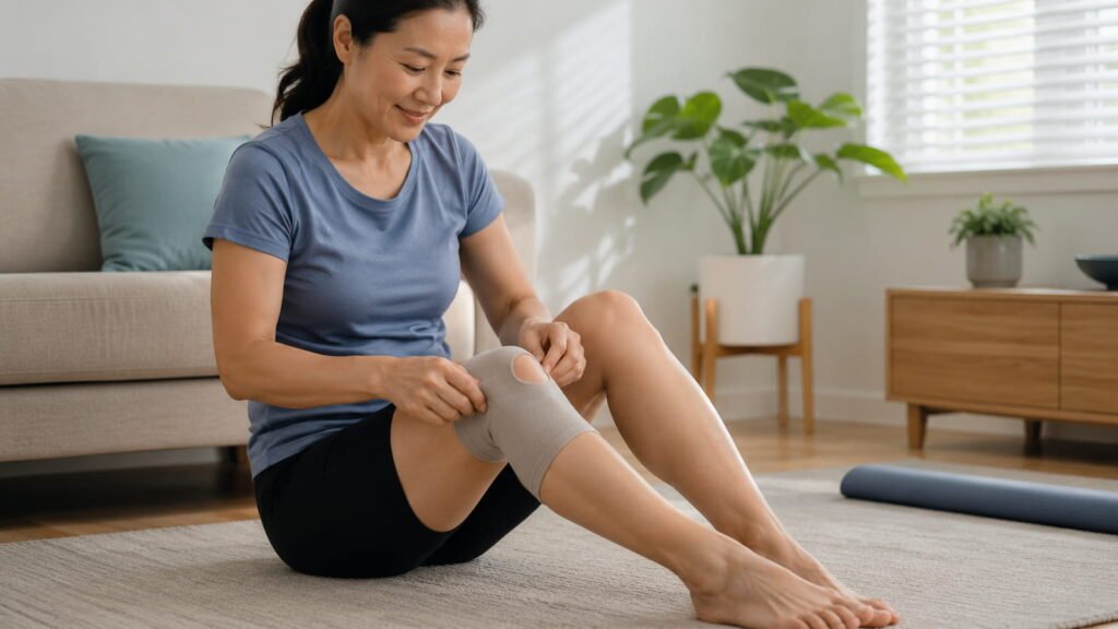Adult adjusting a knee brace for knee pain and support