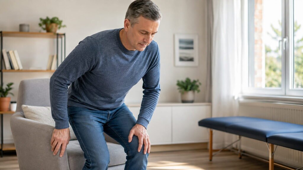 Adult experiencing knee stiffness after sitting while standing up from a chair