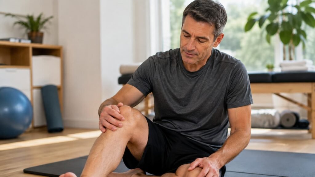 Why do joints crack and pop? A middle-aged adult examines his knee during movement.