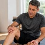Why do joints crack and pop? A middle-aged adult examines his knee during movement.